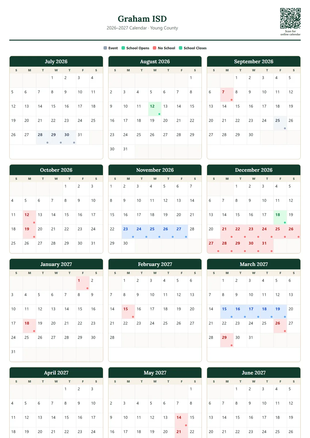 Graham ISD printable 2026–2027 calendar