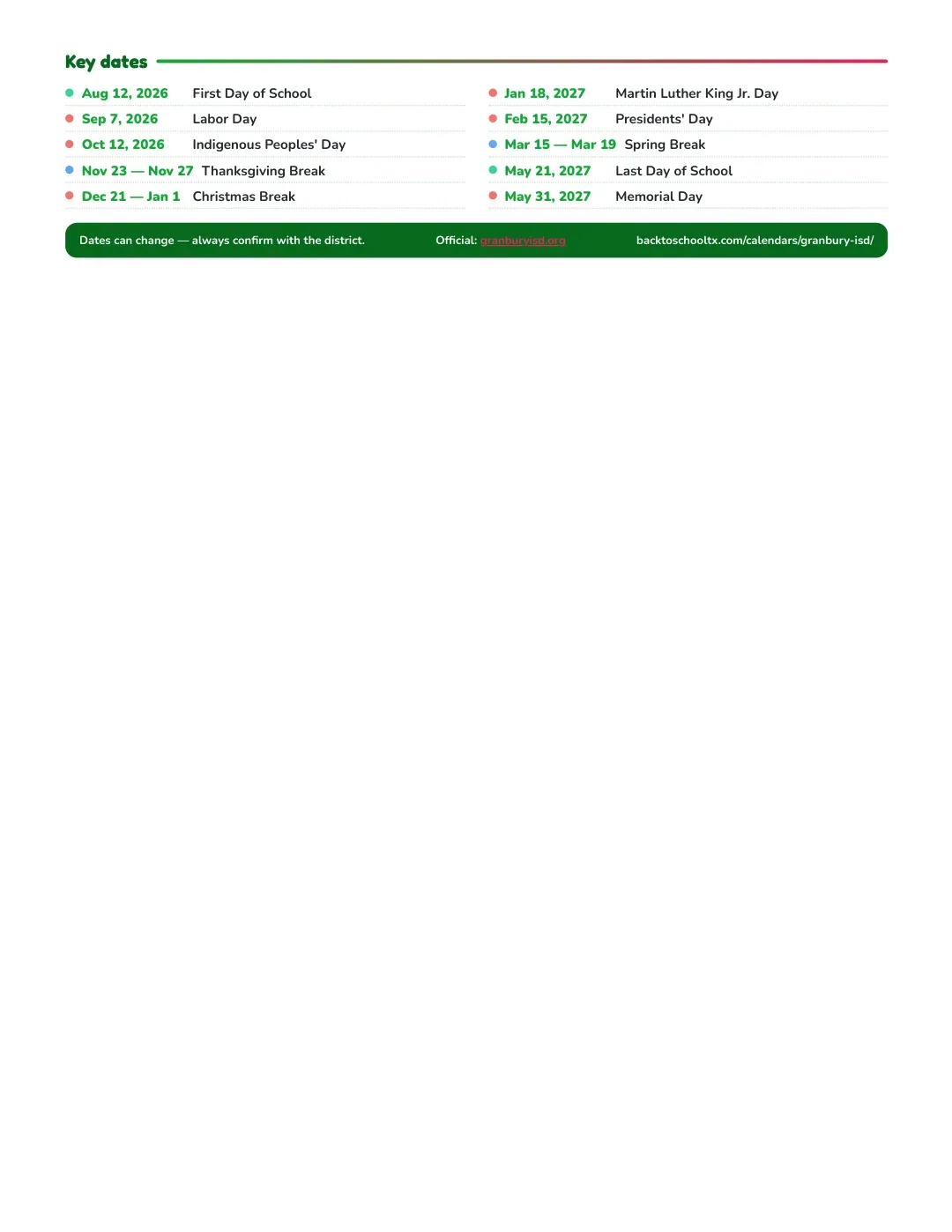 Granbury ISD Calendar for the Year 26-27 — key dates