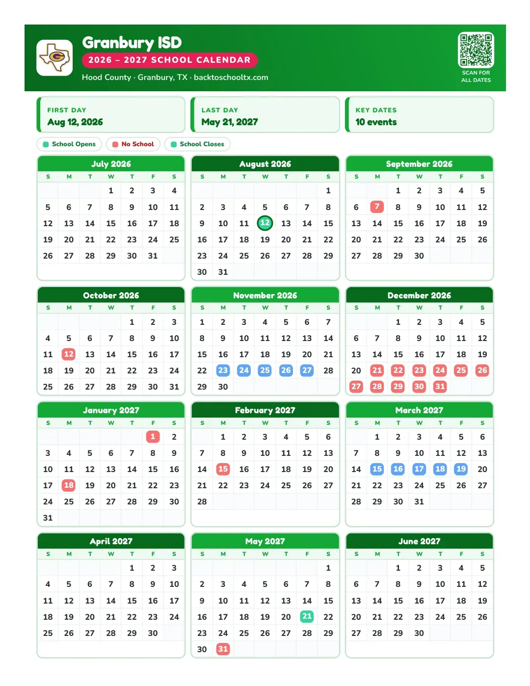 Granbury ISD Calendar for the Year 26-27