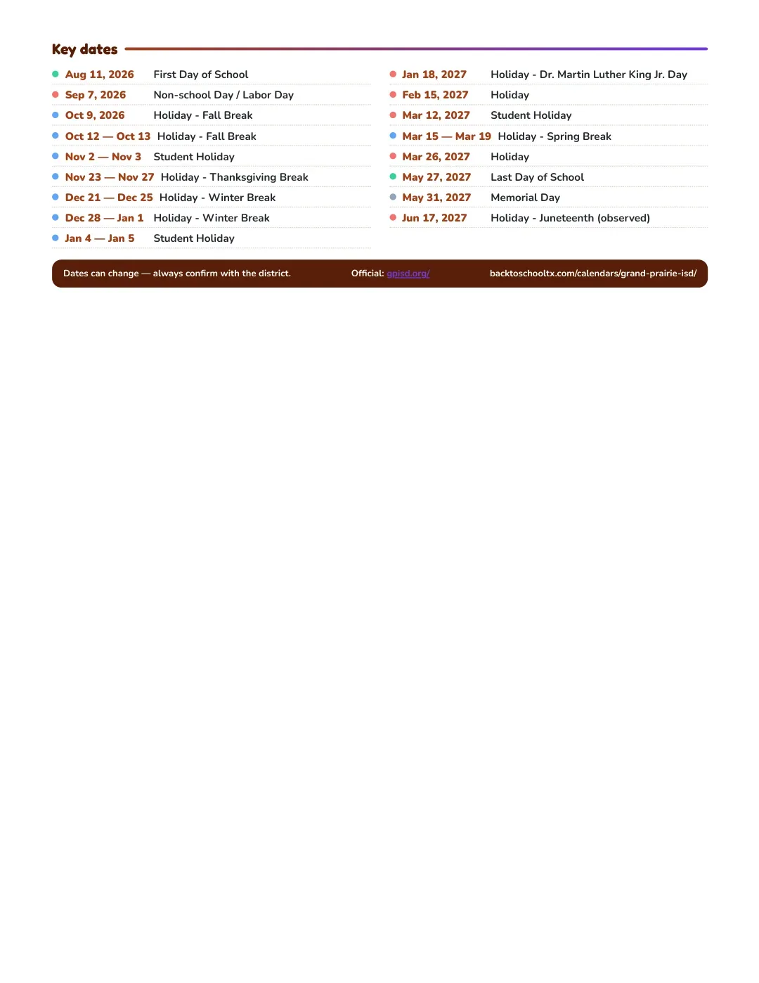 Grand Prairie ISD Calendar for the Year 26-27 — key dates