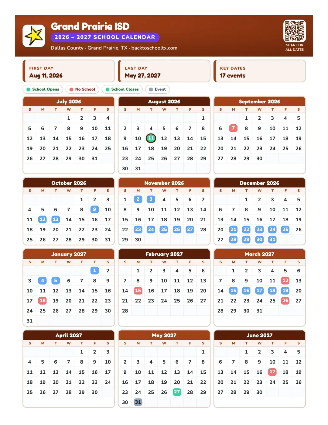Grand Prairie ISD Calendar for the Year 26-27