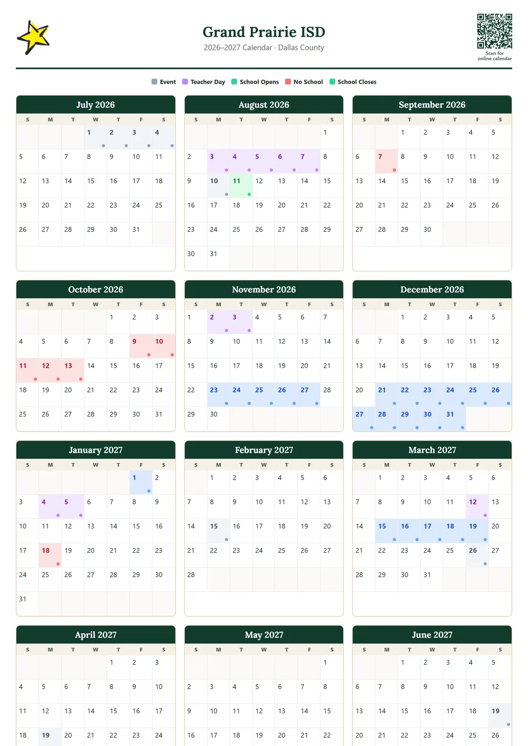 Grand Prairie ISD printable 2026–2027 calendar