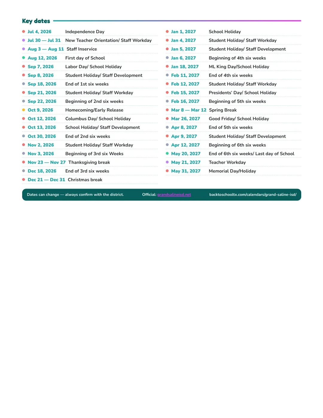 Grand Saline ISD Calendar for the Year 26-27 — key dates