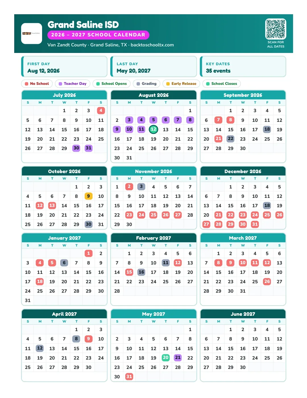Grand Saline ISD Calendar for the Year 26-27