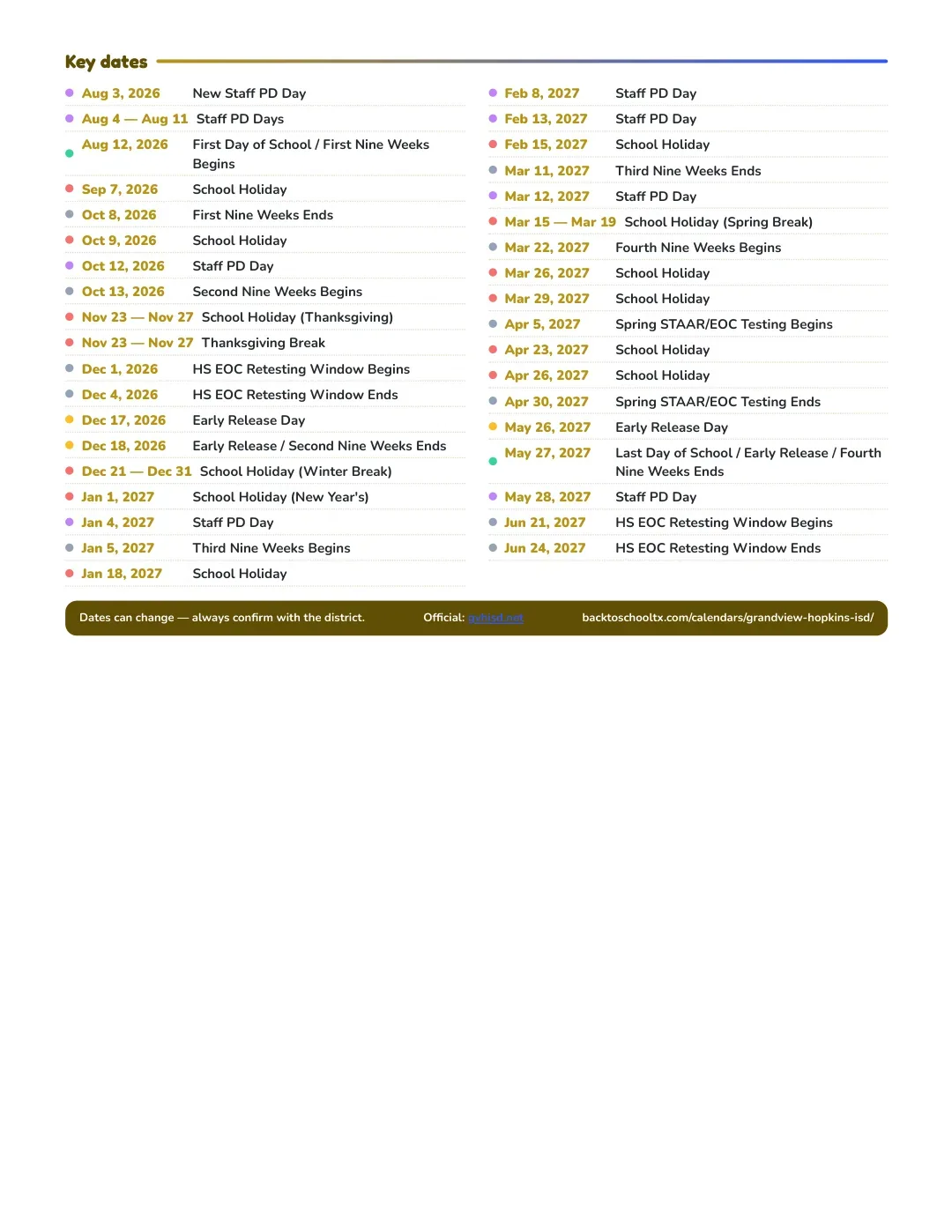 Grandview-hopkins ISD Calendar for the Year 26-27 — key dates