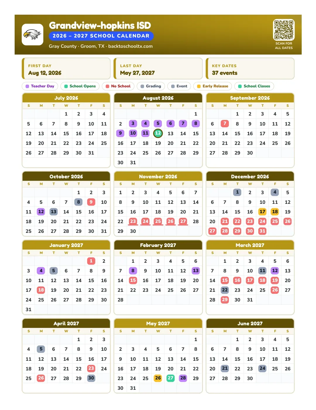 Grandview-hopkins ISD Calendar for the Year 26-27