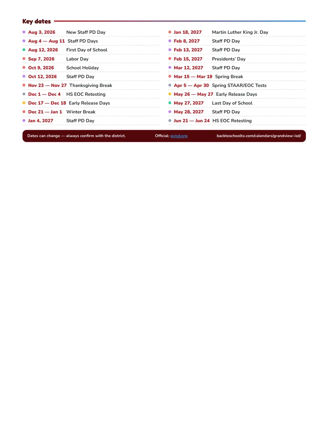 Grandview ISD Calendar for the Year 26-27 — key dates