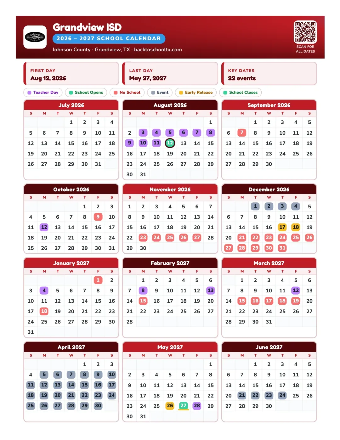 Grandview ISD Calendar for the Year 26-27