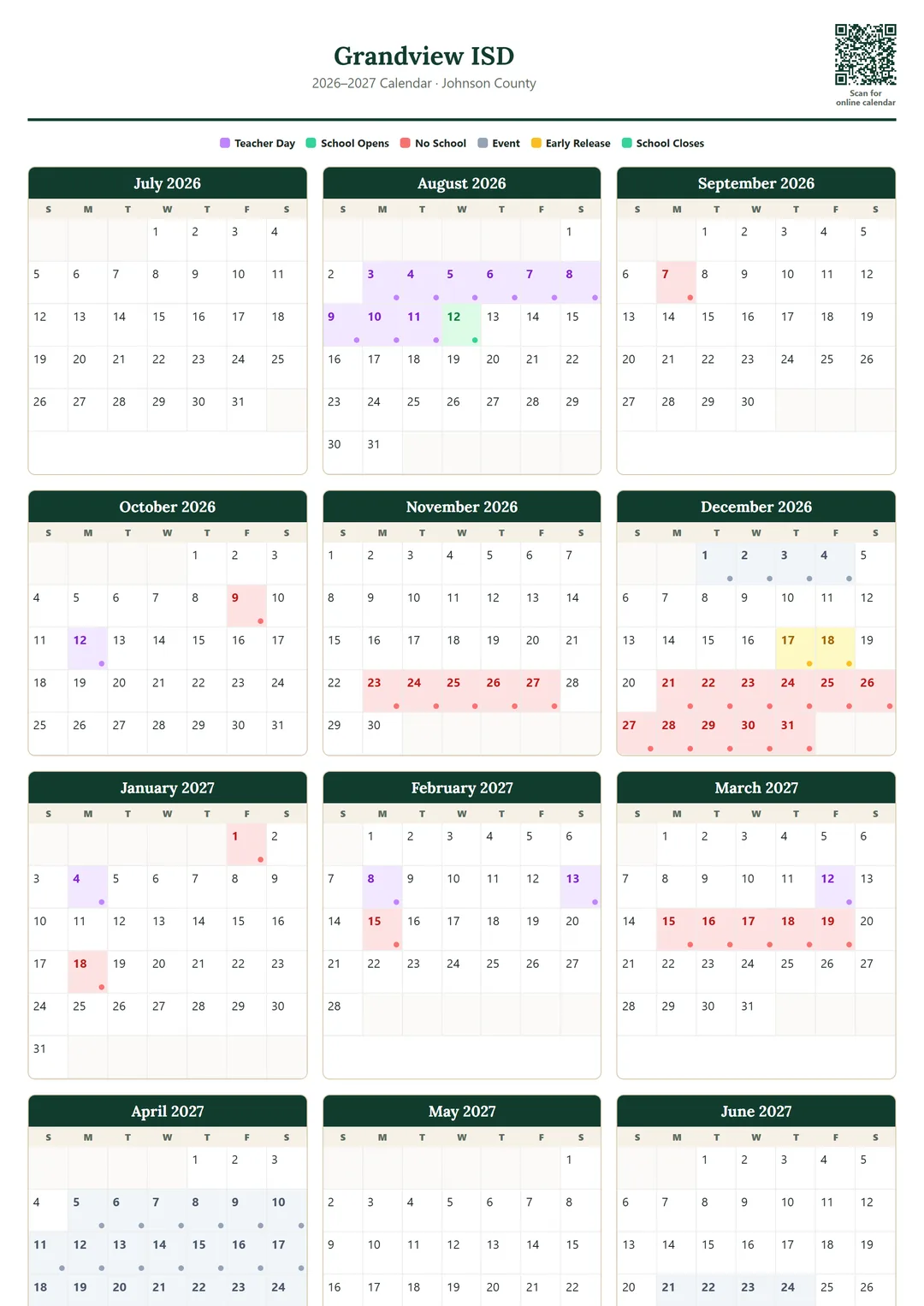 Grandview ISD printable 2026–2027 calendar