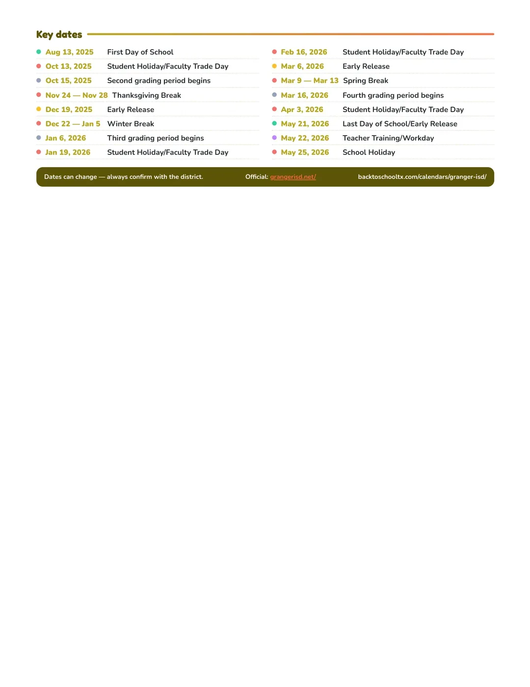 Granger ISD Calendar for the Year 26-27 — key dates