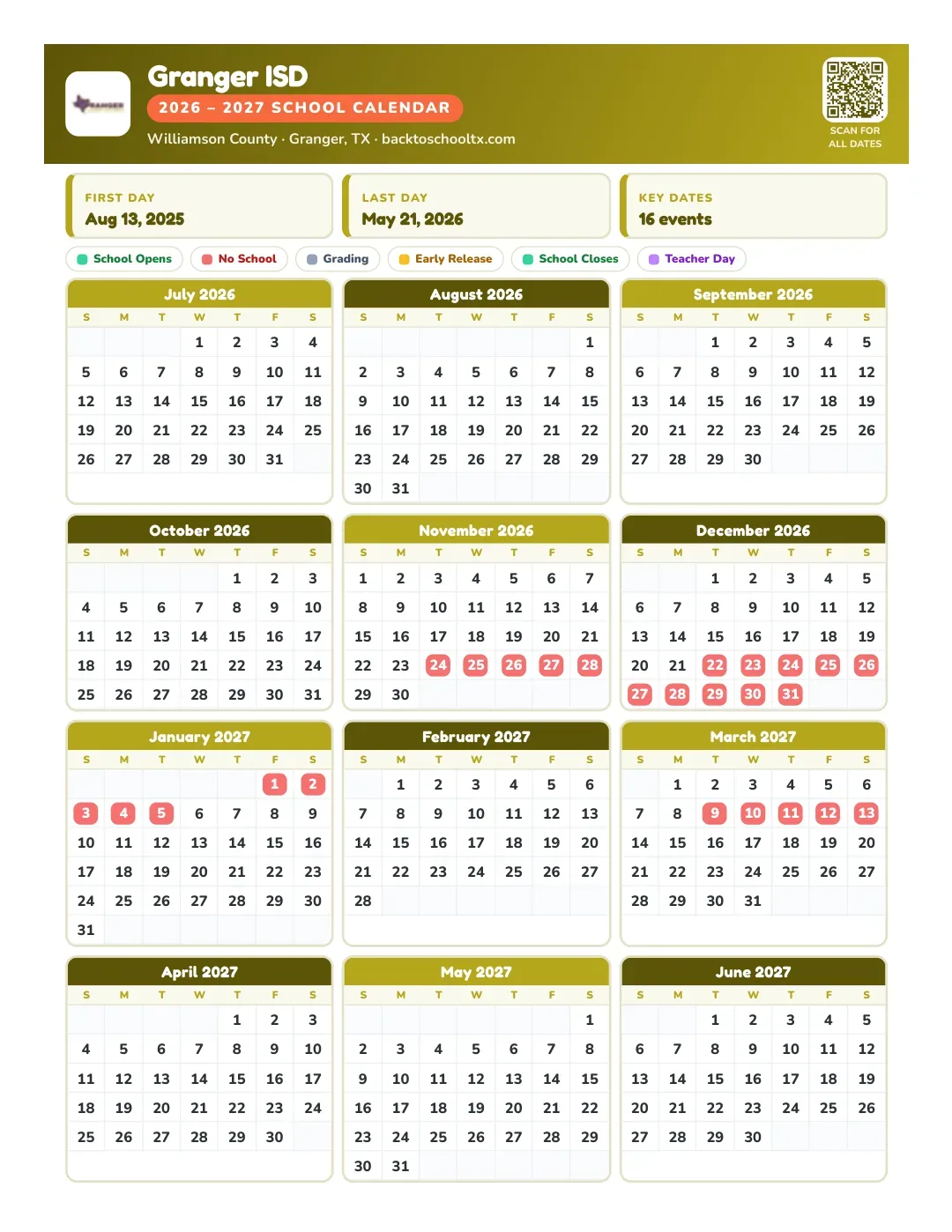 Granger ISD Calendar for the Year 26-27