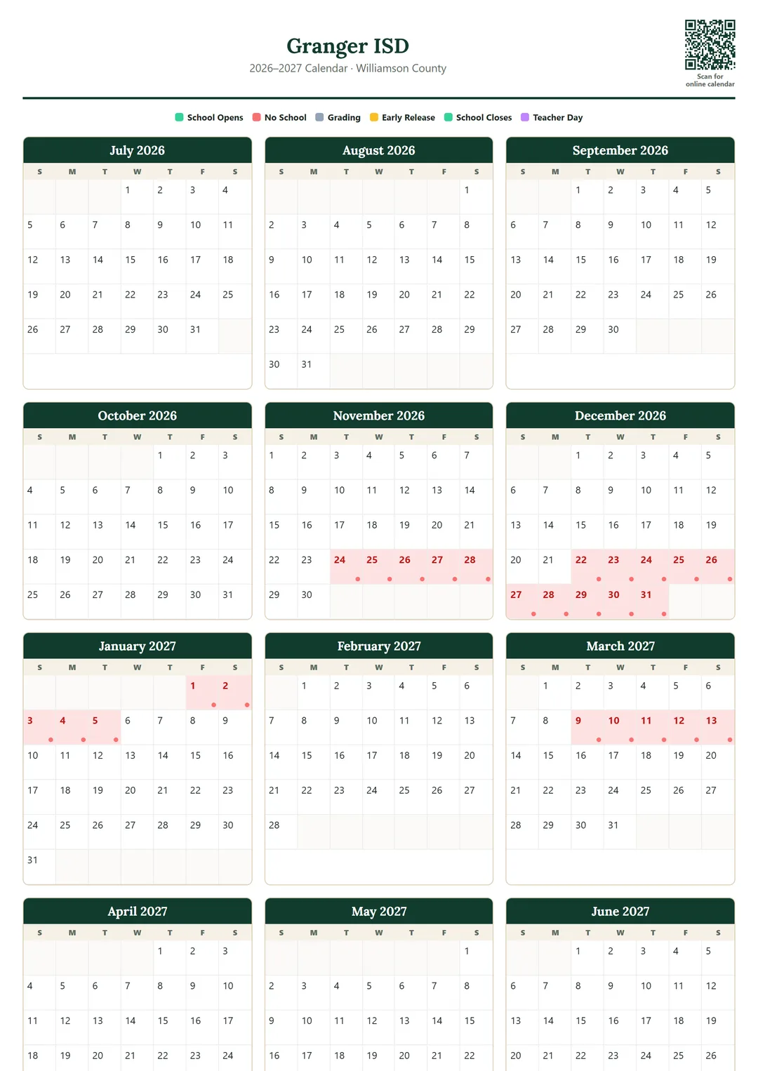 Granger ISD printable 2026–2027 calendar