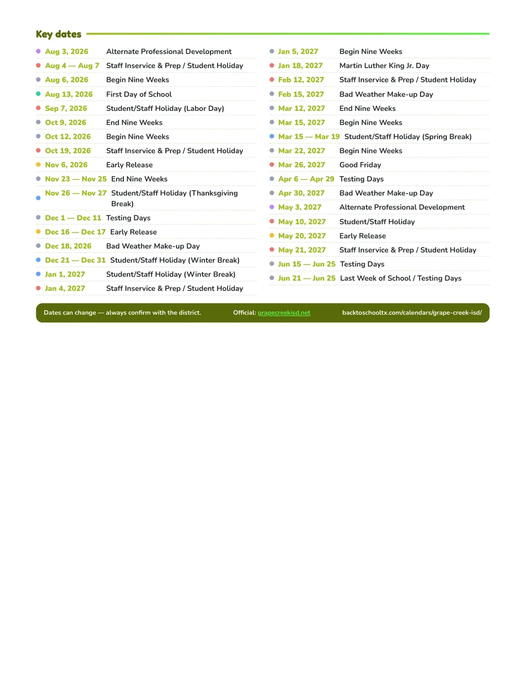 Grape Creek ISD Calendar for the Year 26-27 — key dates