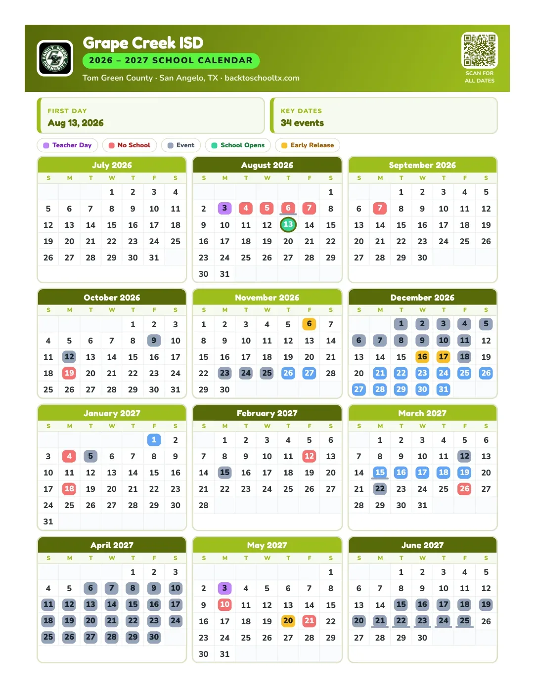 Grape Creek ISD Calendar for the Year 26-27