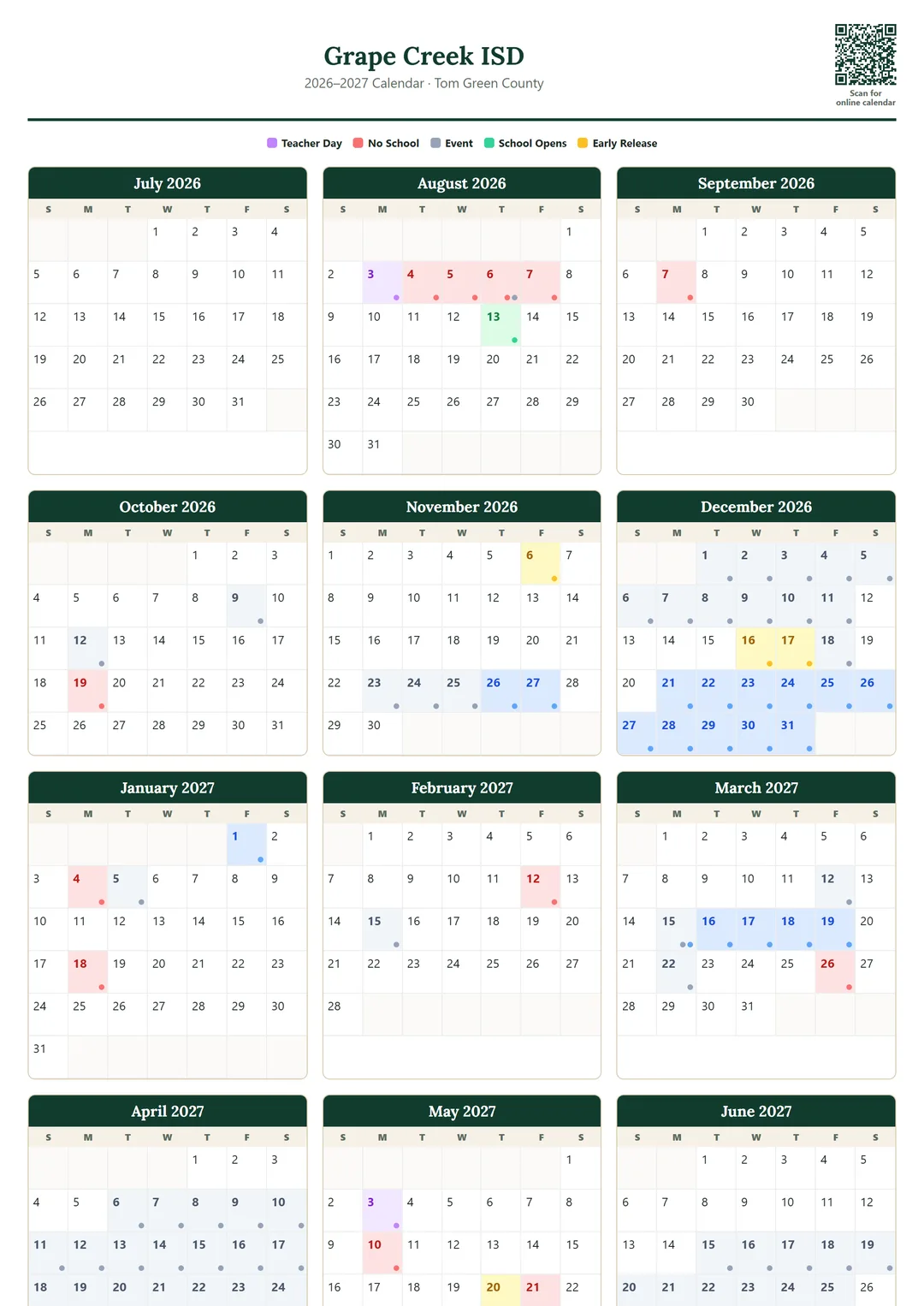 Grape Creek ISD printable 2026–2027 calendar