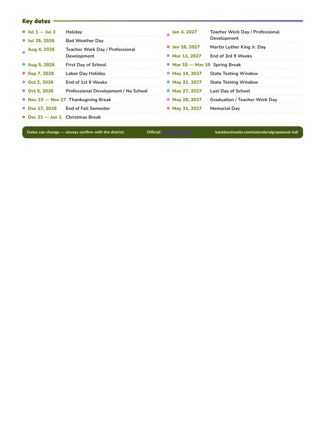 Grapeland ISD Calendar for the Year 26-27 — key dates
