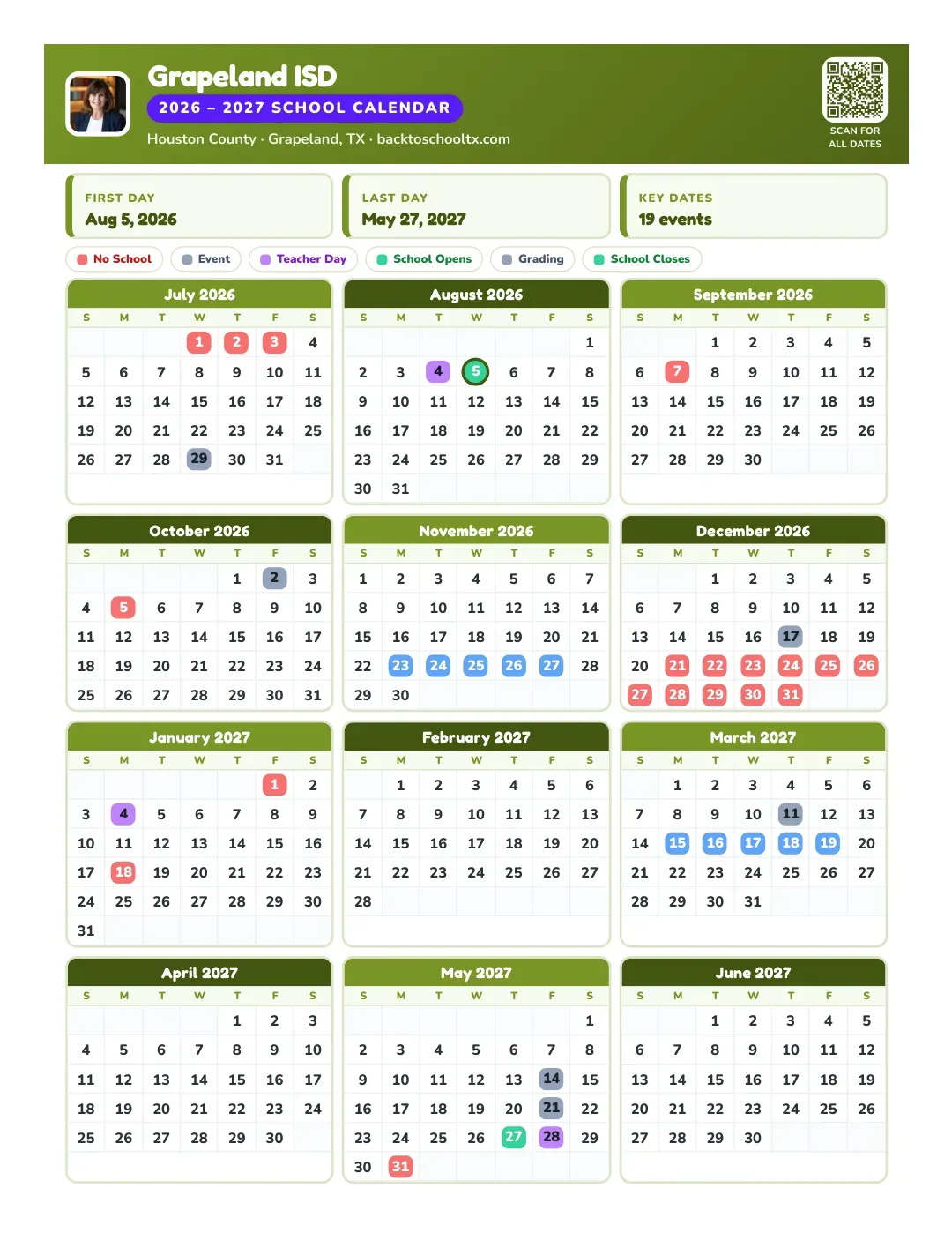 Grapeland ISD Calendar for the Year 26-27