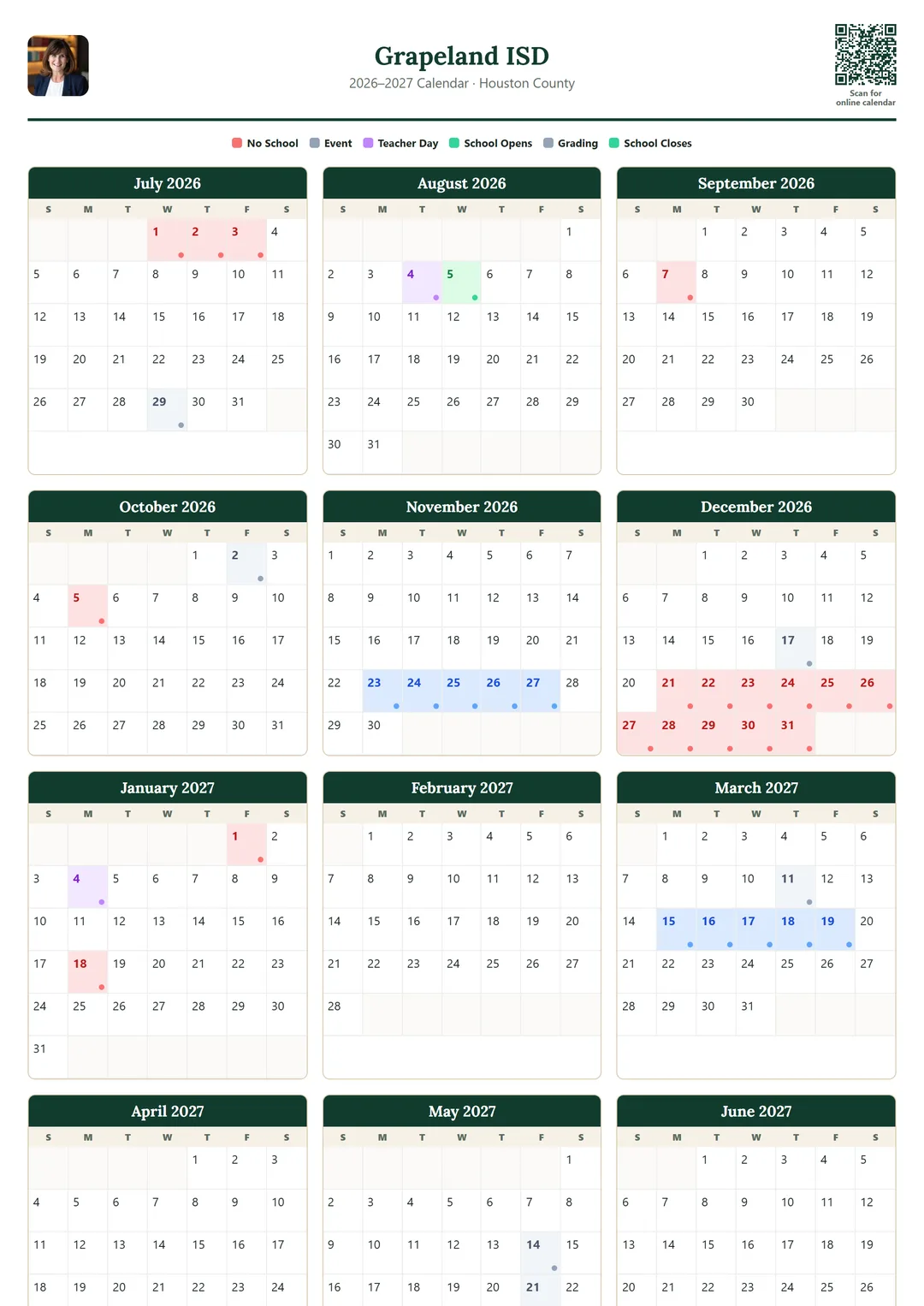 Grapeland ISD printable 2026–2027 calendar
