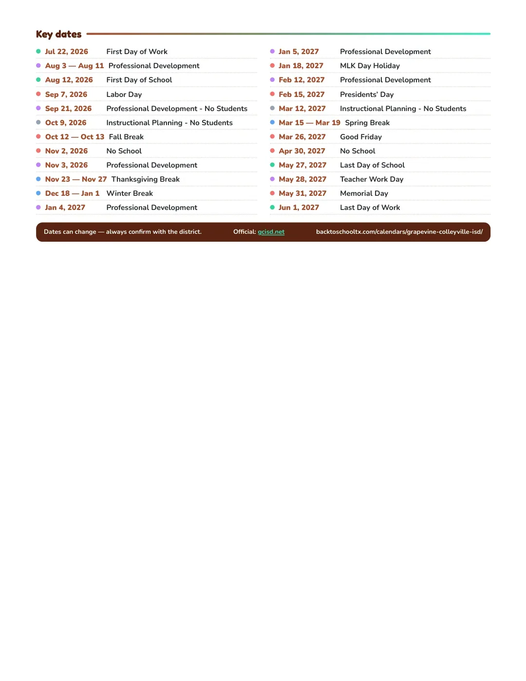 Grapevine-colleyville ISD Calendar for the Year 26-27 — key dates