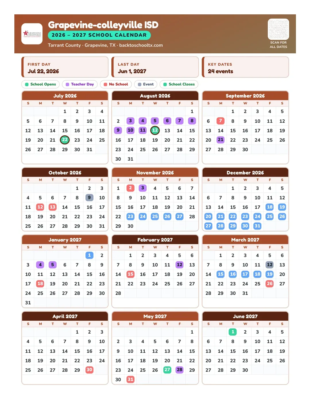 Grapevine-colleyville ISD Calendar for the Year 26-27