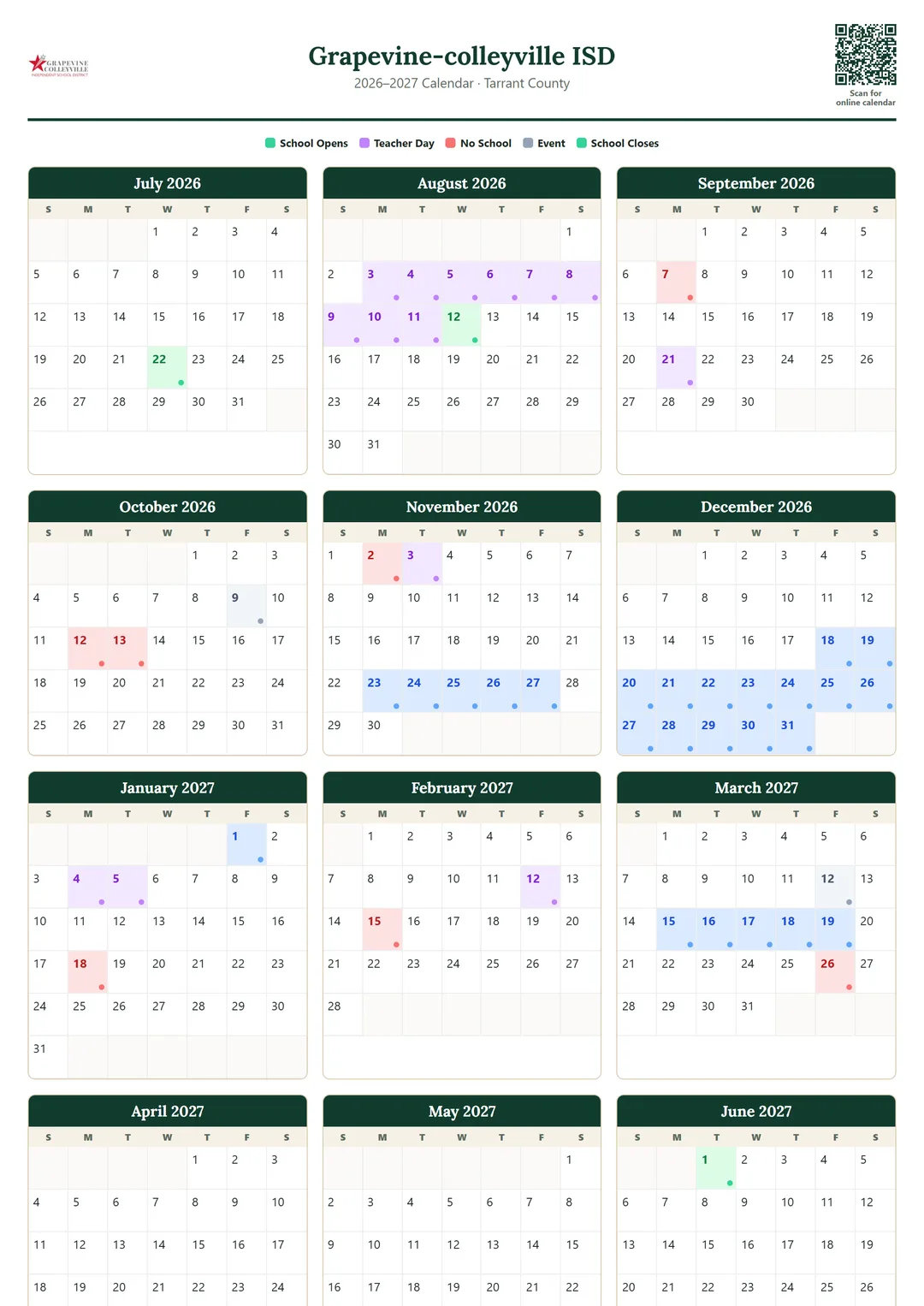 Grapevine-colleyville ISD printable 2026–2027 calendar