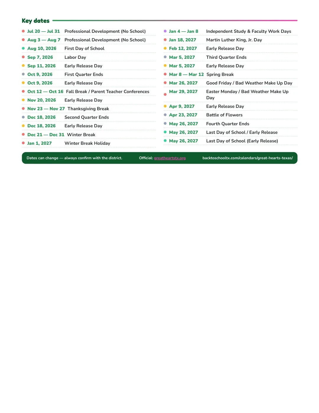 Great Hearts Texas Calendar for the Year 26-27 — key dates