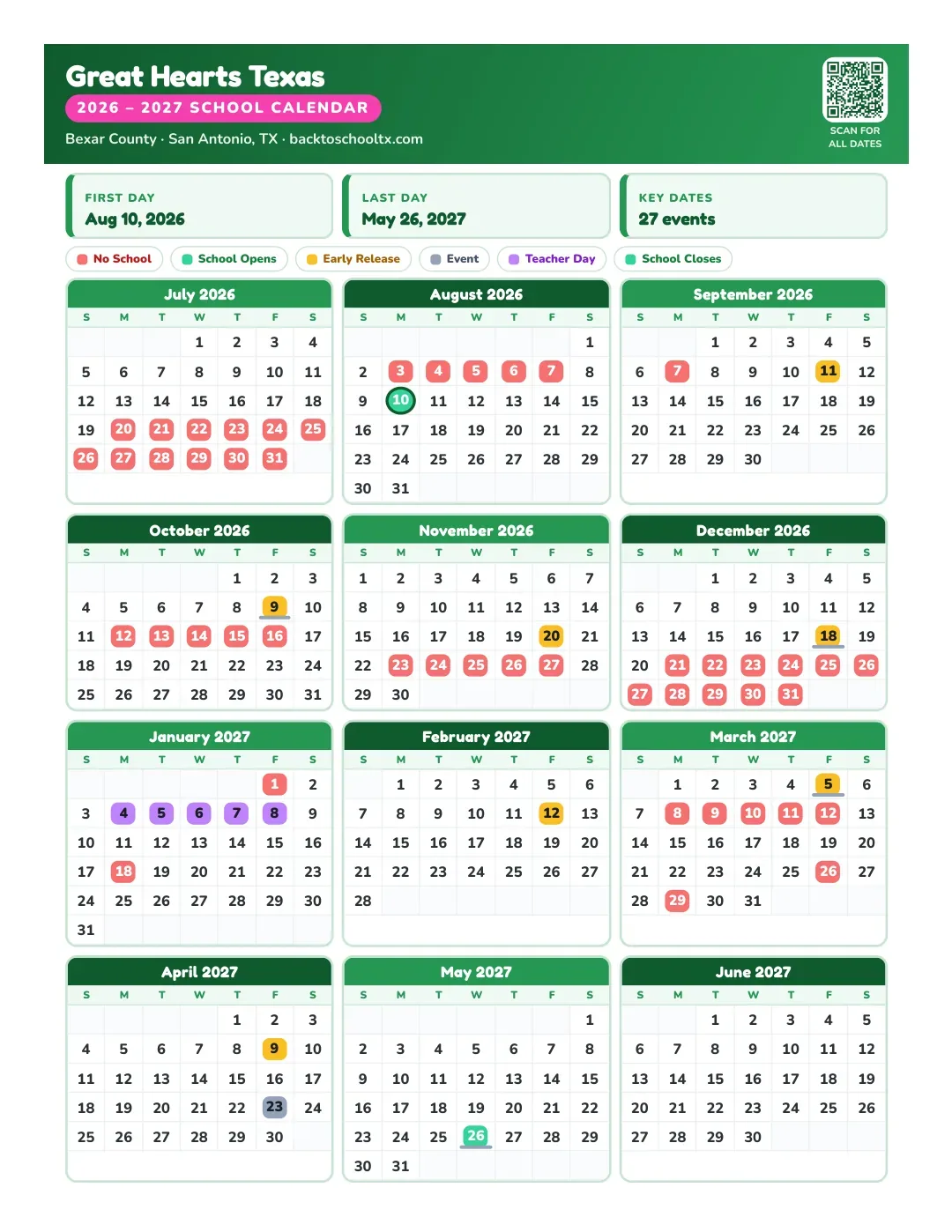 Great Hearts Texas Calendar for the Year 26-27