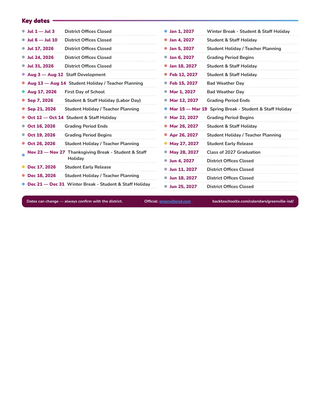 Greenville ISD Calendar for the Year 26-27 — key dates