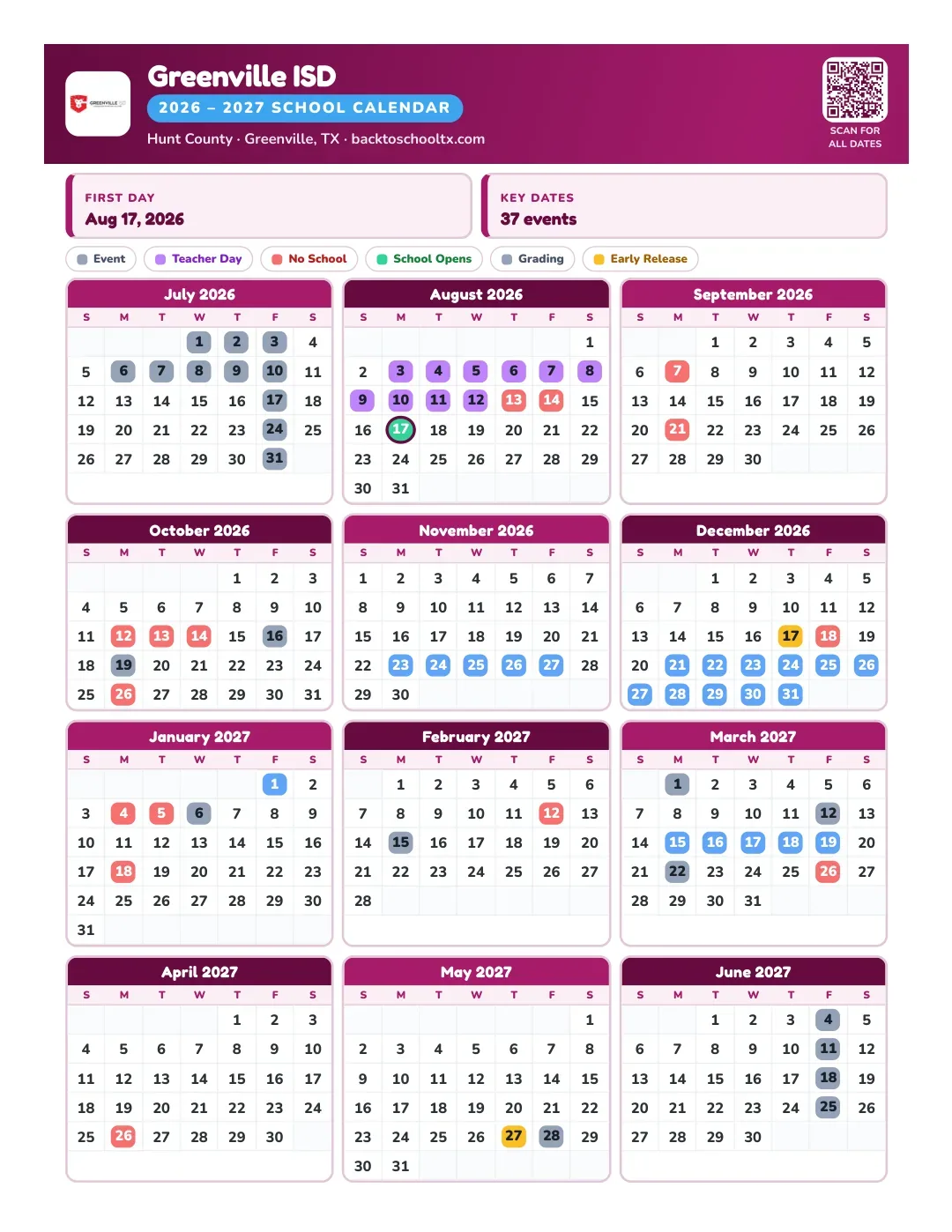 Greenville ISD Calendar for the Year 26-27