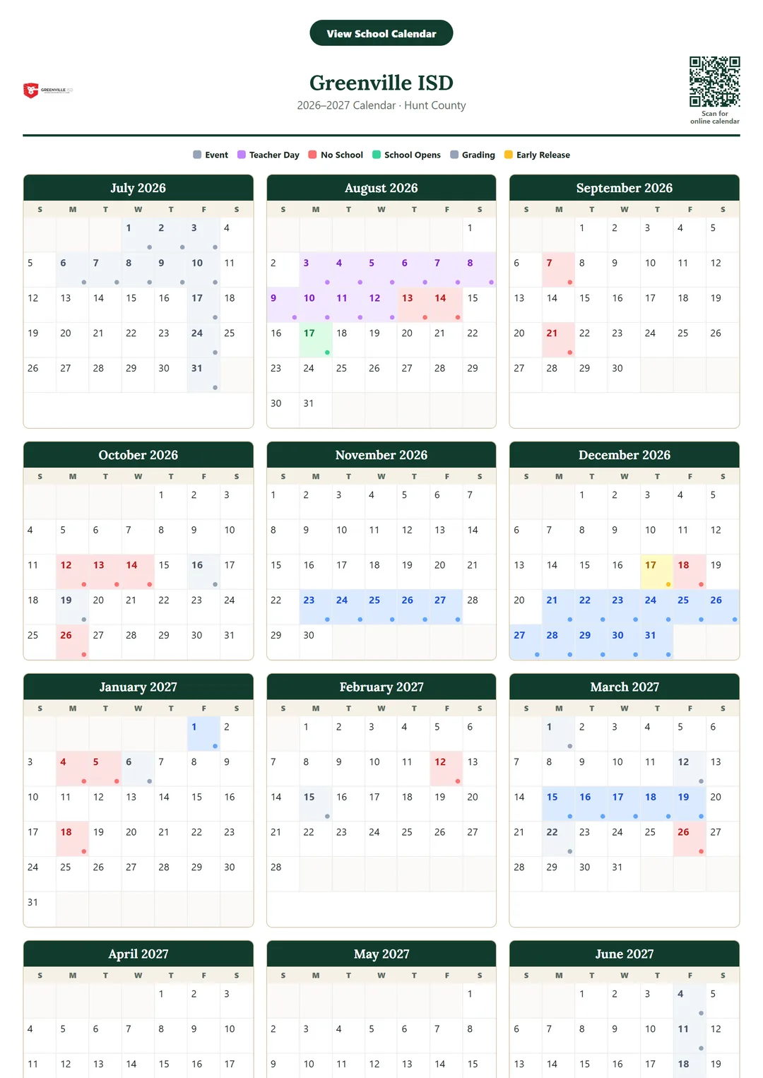 Greenville ISD printable 2026–2027 calendar