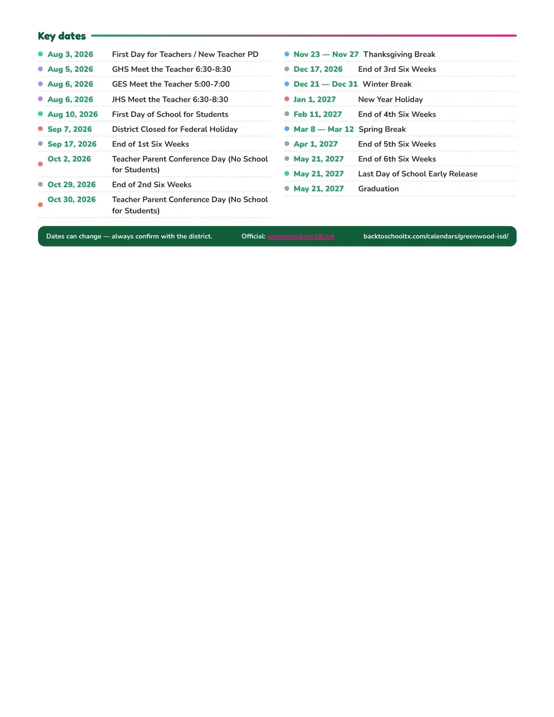 Greenwood ISD Calendar for the Year 26-27 — key dates