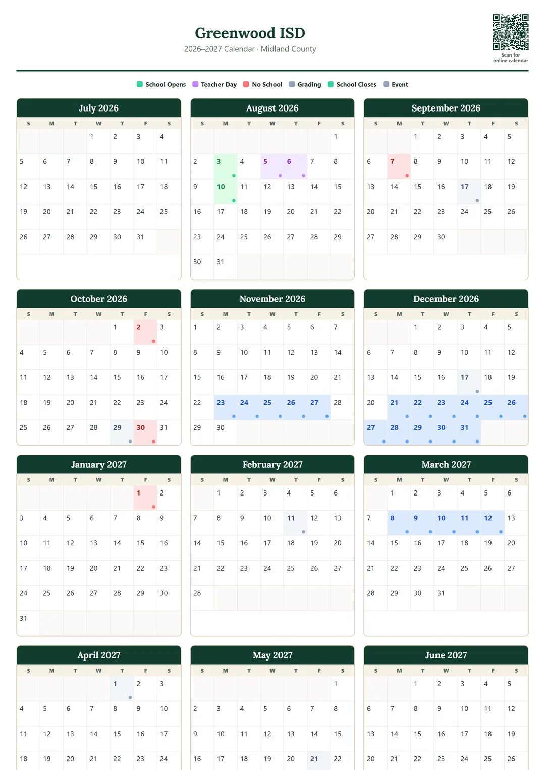 Greenwood ISD printable 2026–2027 calendar