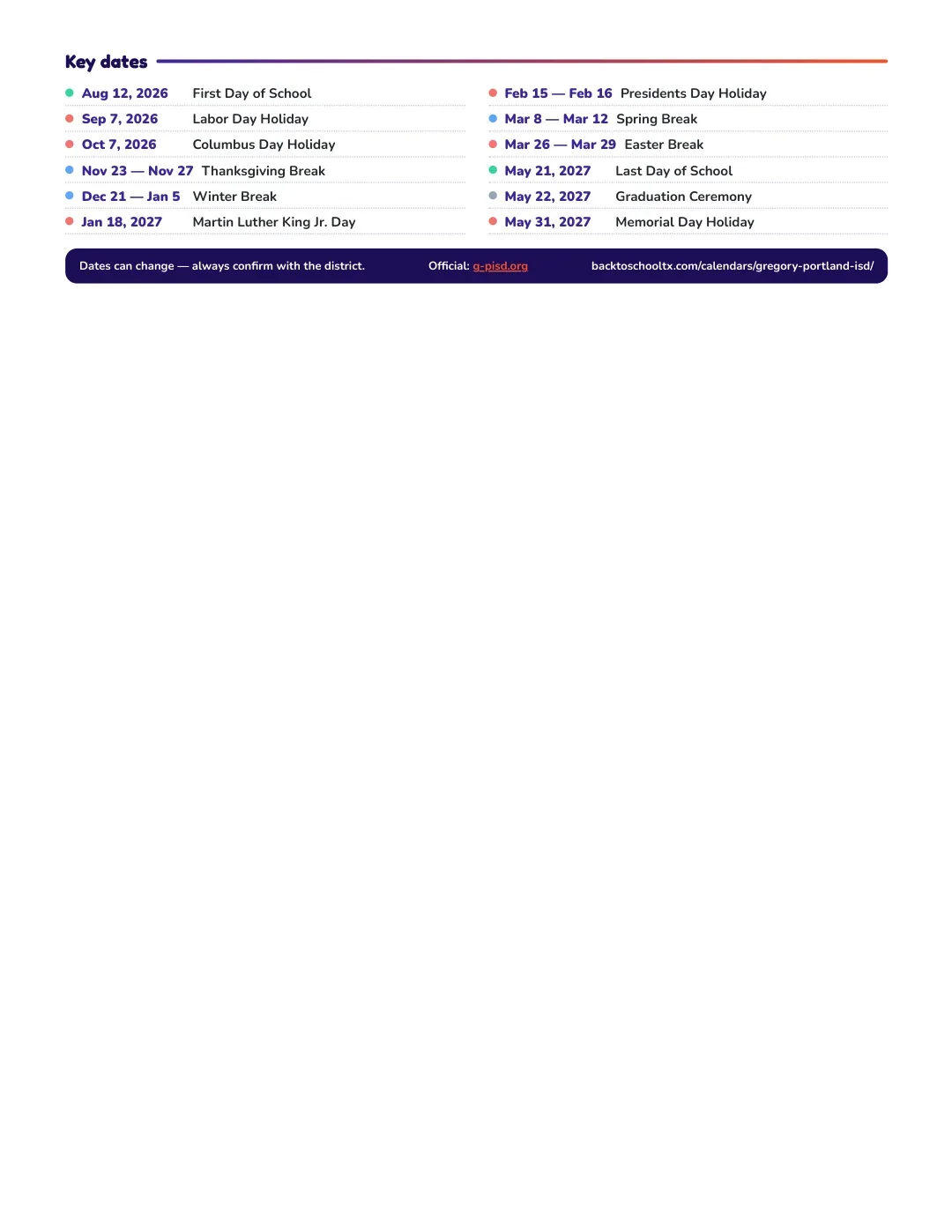 Gregory-portland ISD Calendar for the Year 26-27 — key dates