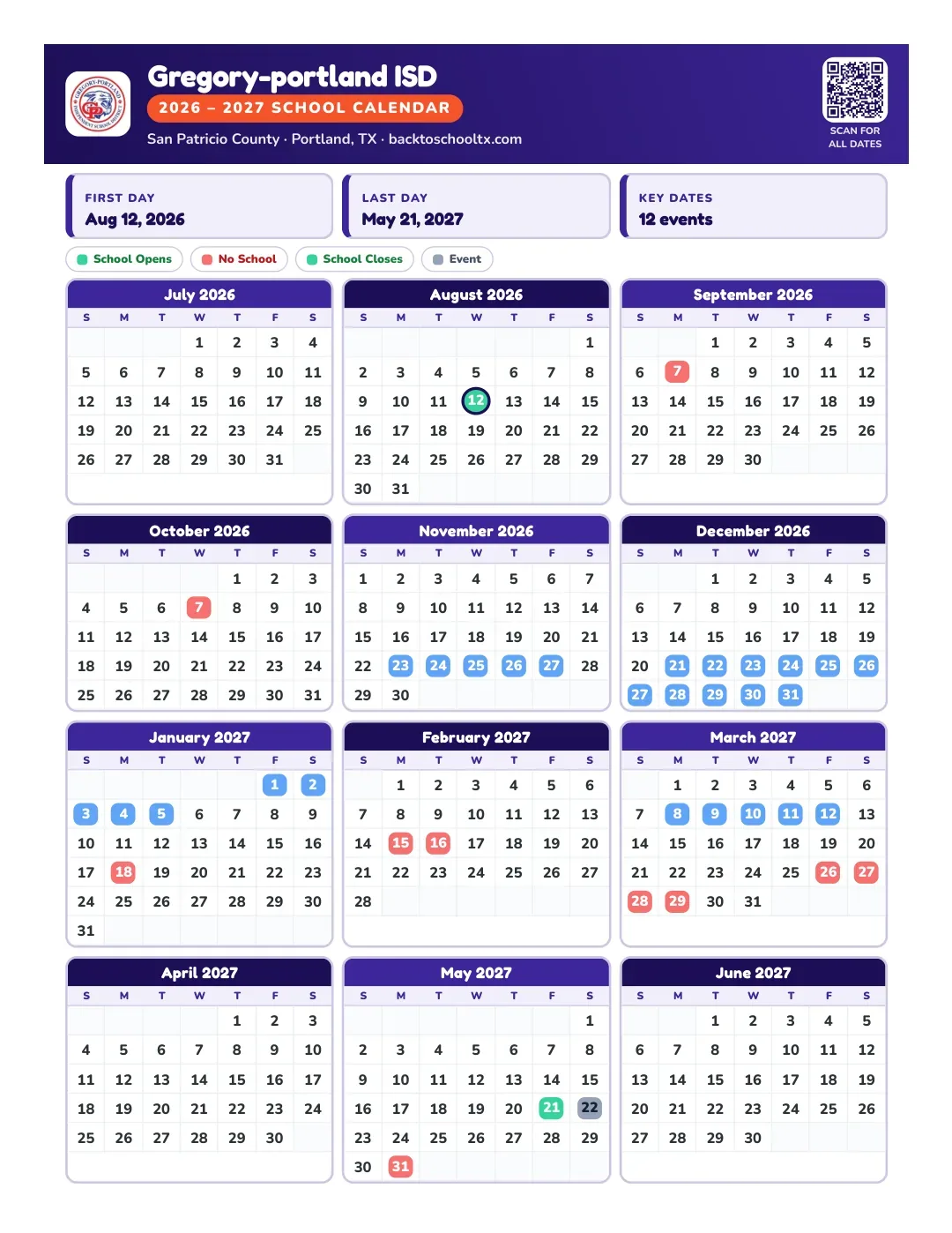 Gregory-portland ISD Calendar for the Year 26-27