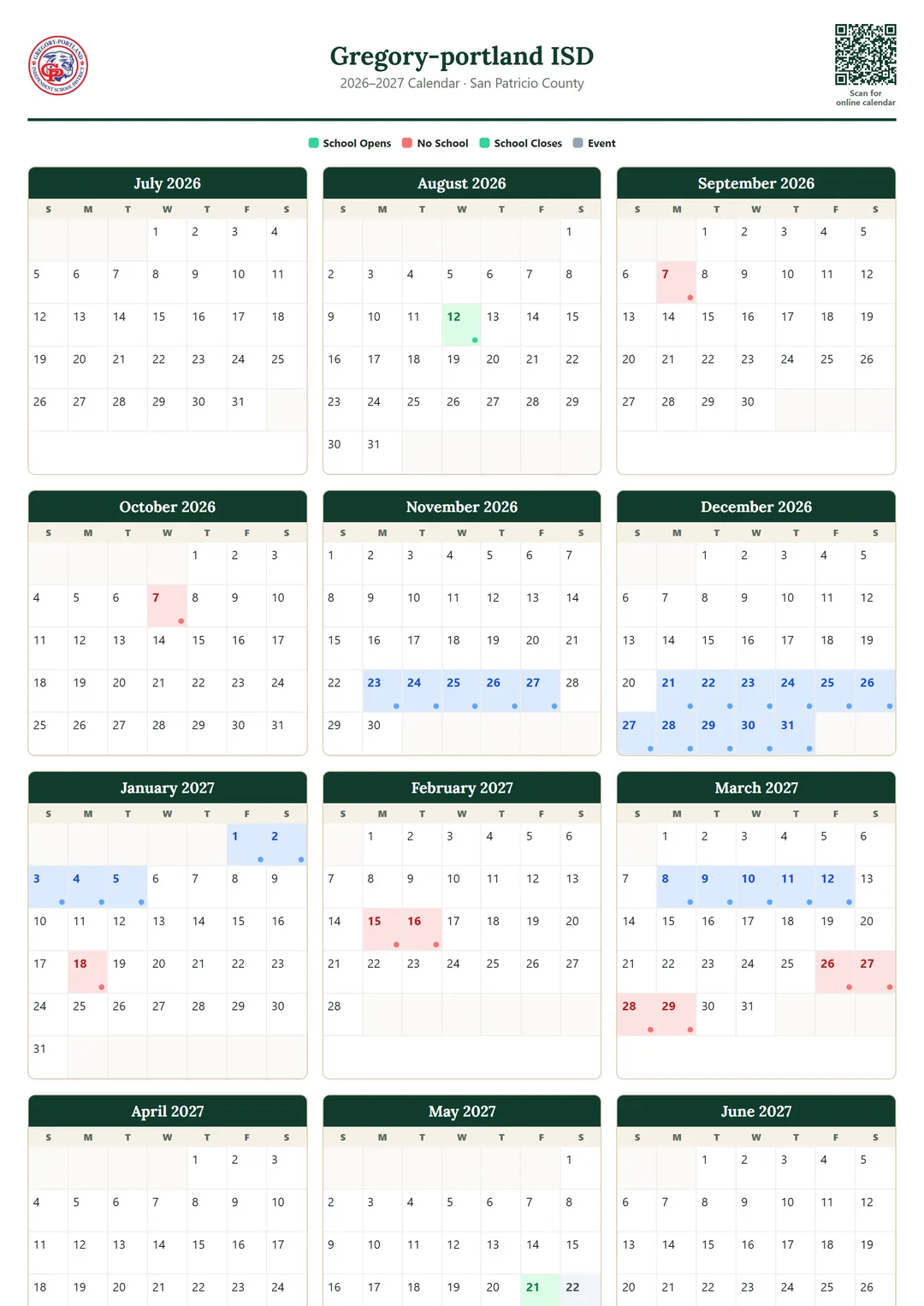 Gregory-portland ISD printable 2026–2027 calendar