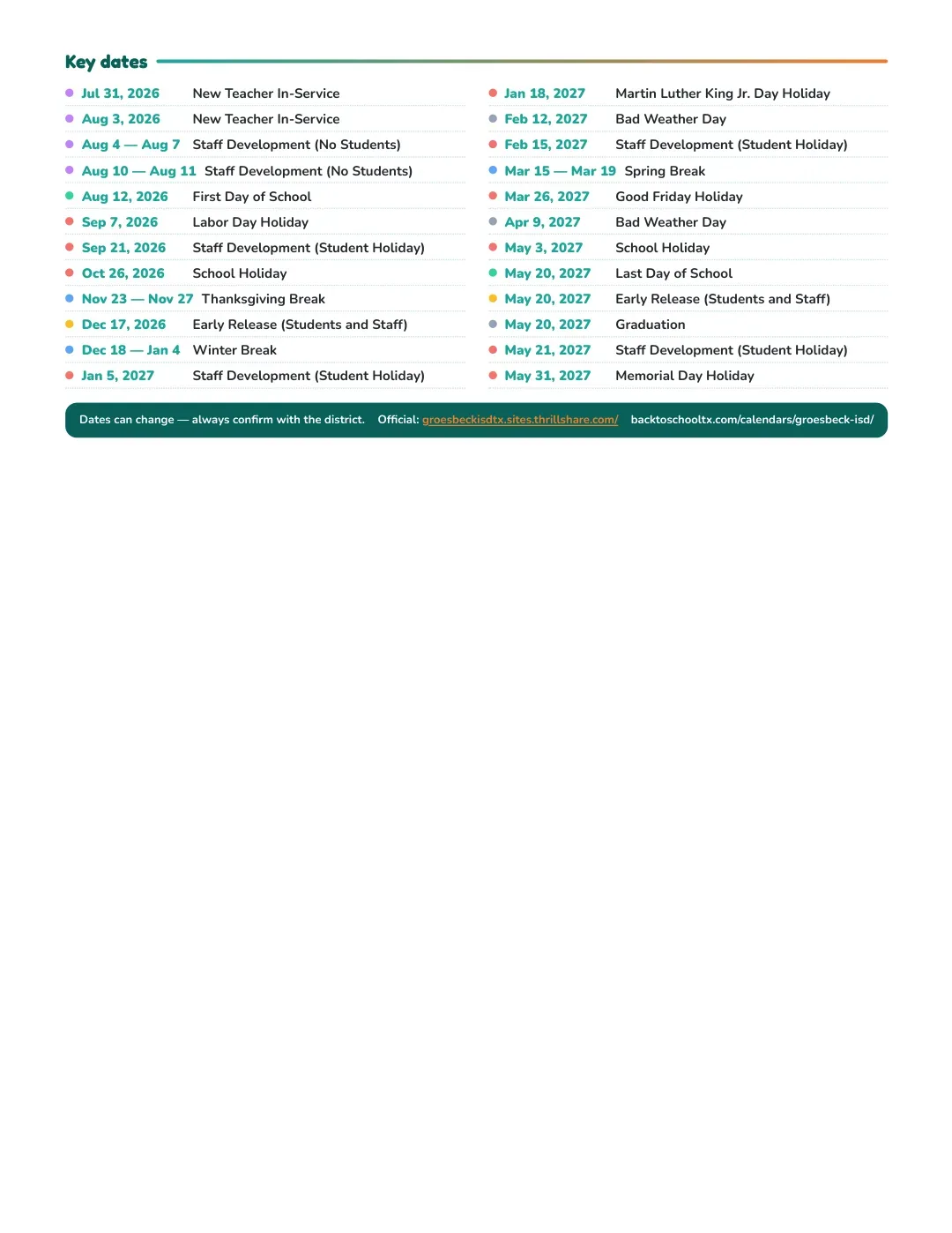 Groesbeck ISD Calendar for the Year 26-27 — key dates
