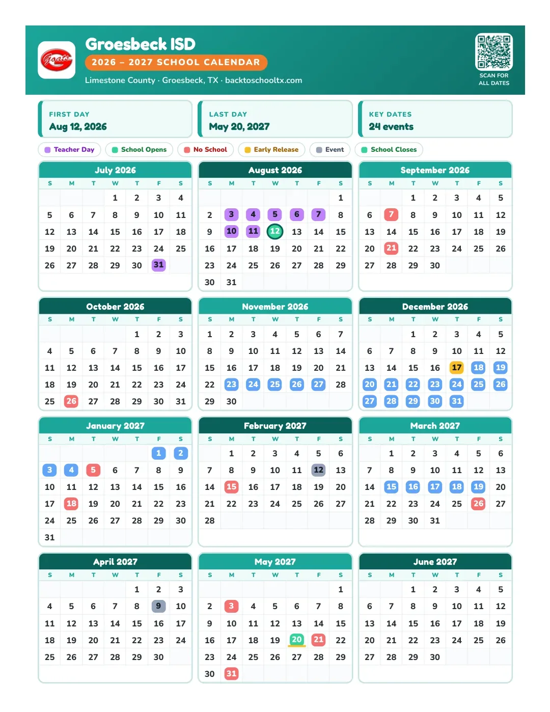 Groesbeck ISD Calendar for the Year 26-27
