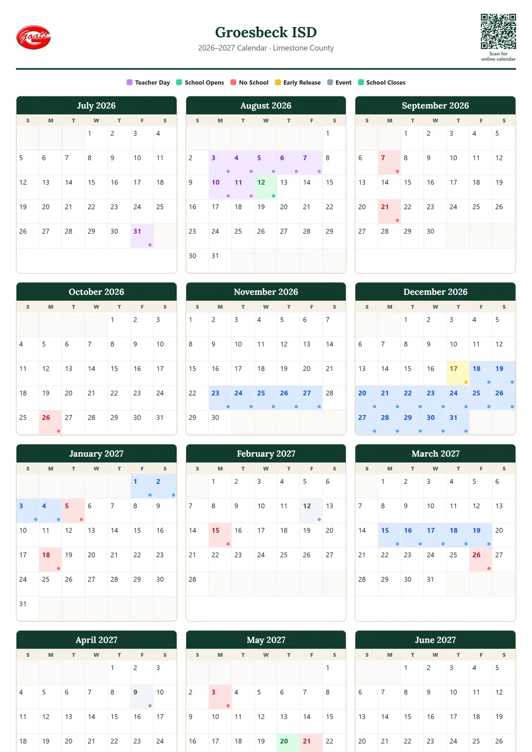 Groesbeck ISD printable 2026–2027 calendar