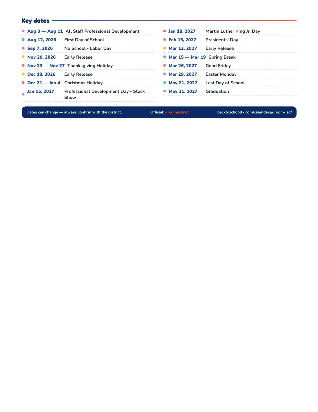 Groom ISD Calendar for the Year 26-27 — key dates