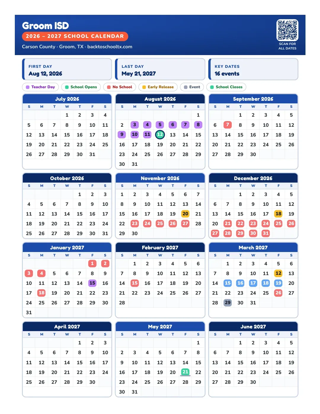 Groom ISD Calendar for the Year 26-27