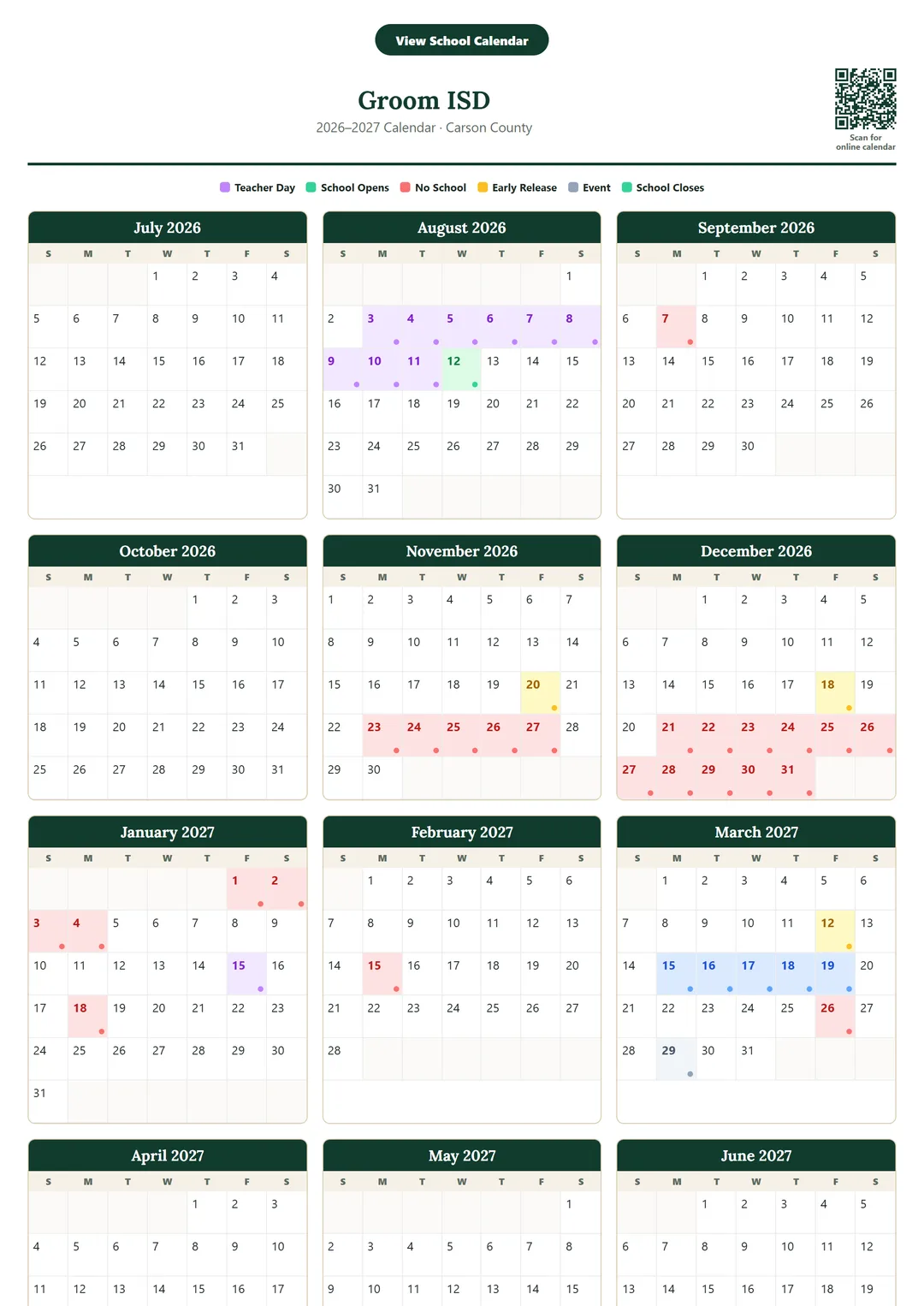 Groom ISD printable 2026–2027 calendar