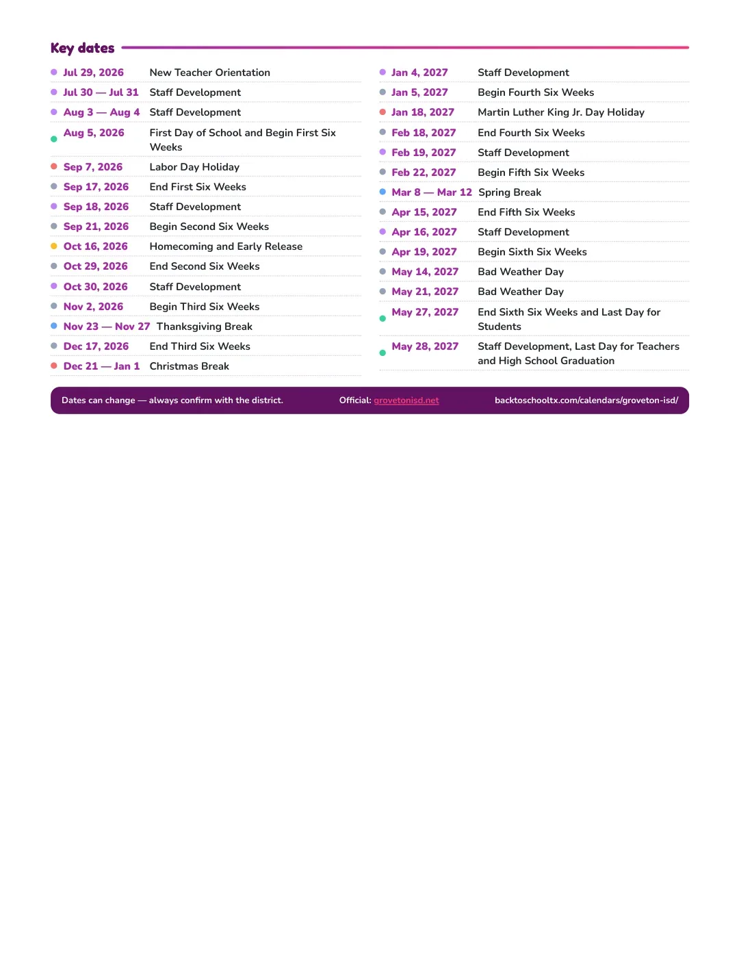 Groveton ISD Calendar for the Year 26-27 — key dates