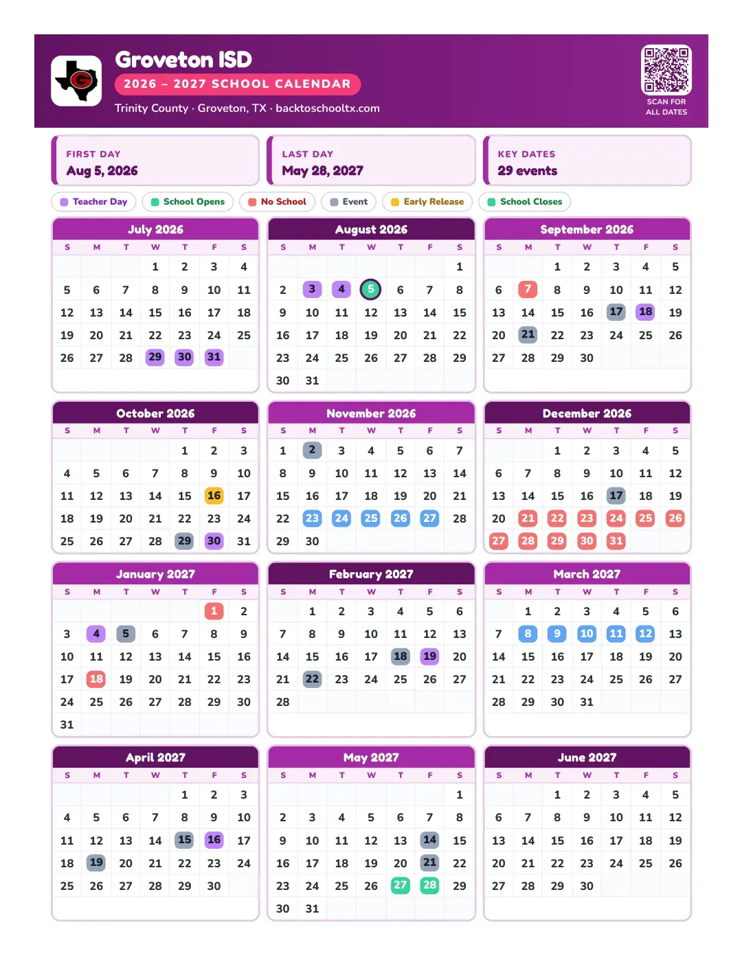 Groveton ISD Calendar for the Year 26-27