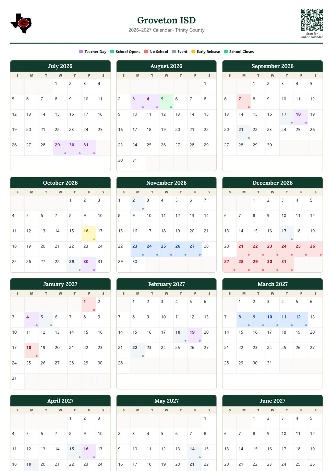 Groveton ISD printable 2026–2027 calendar