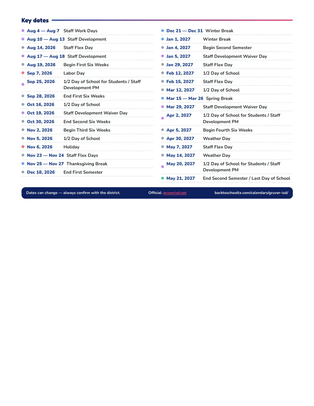 Gruver ISD Calendar for the Year 26-27 — key dates