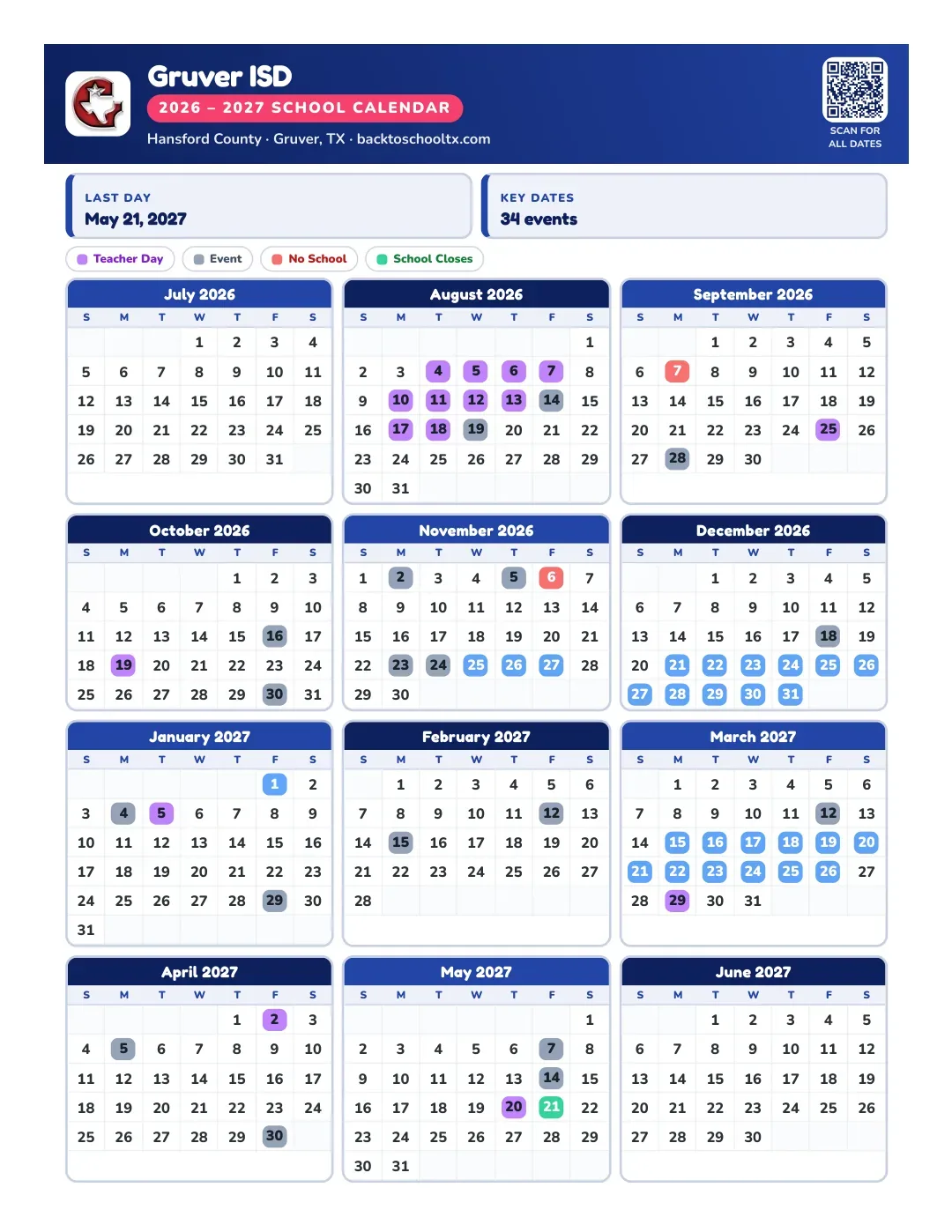 Gruver ISD Calendar for the Year 26-27