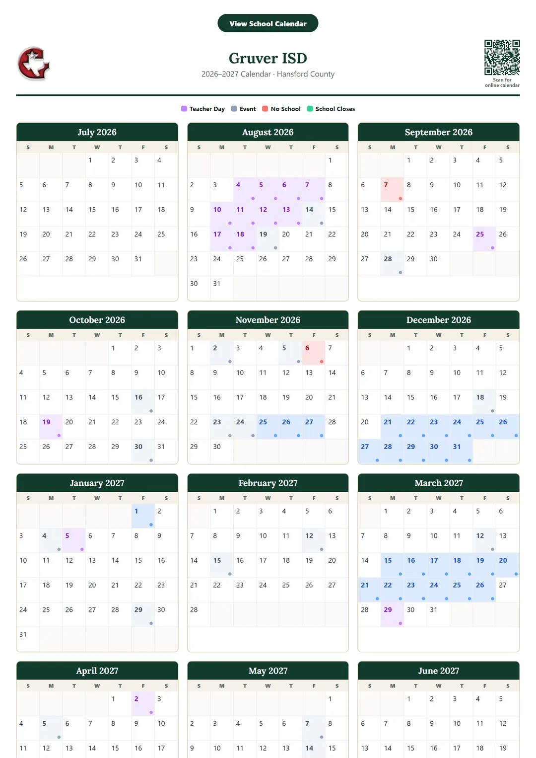 Gruver ISD printable 2026–2027 calendar