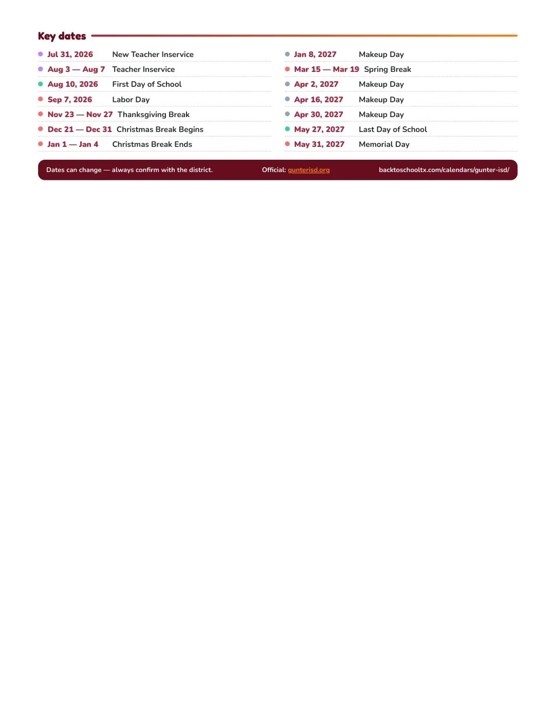 Gunter ISD Calendar for the Year 26-27 — key dates