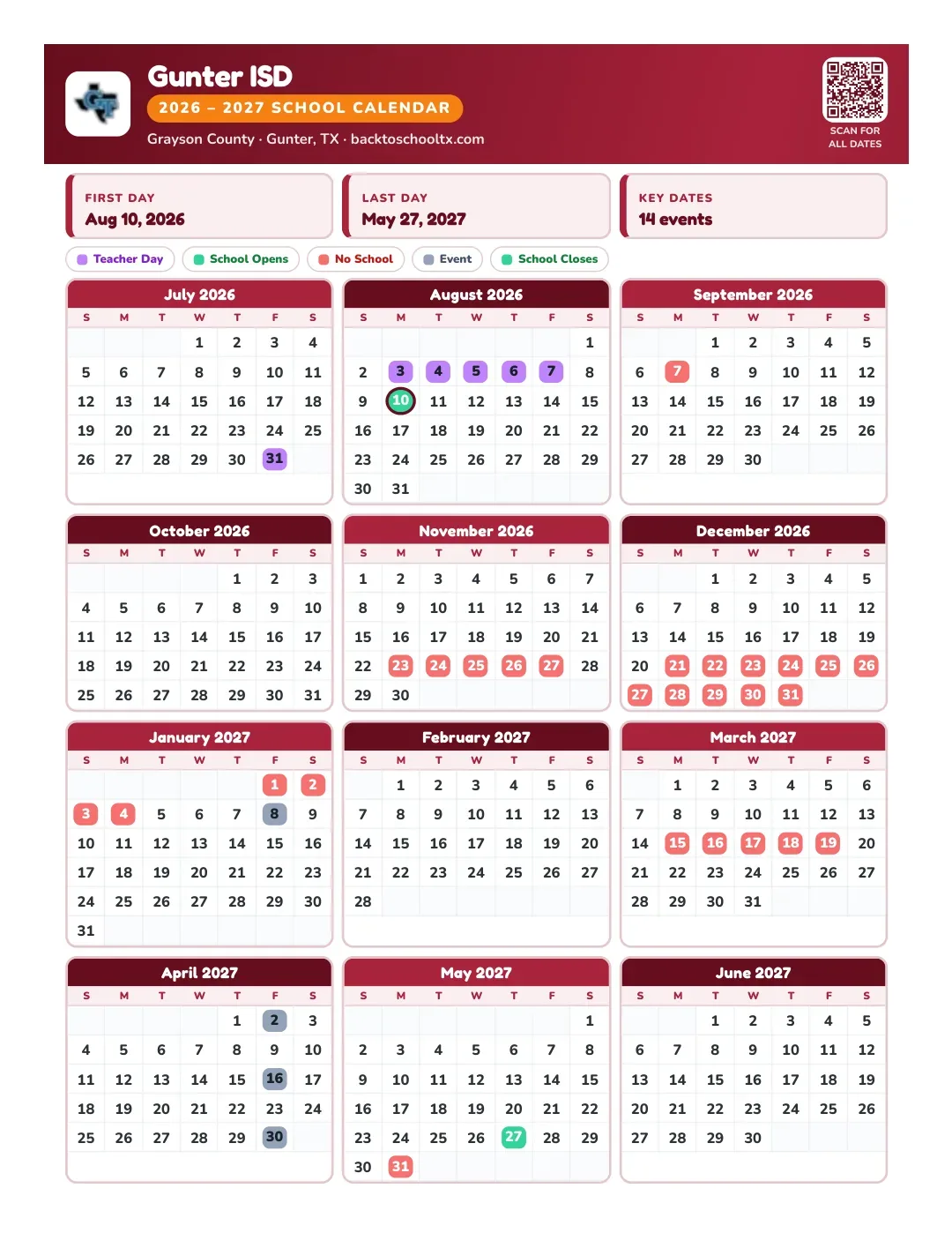 Gunter ISD Calendar for the Year 26-27