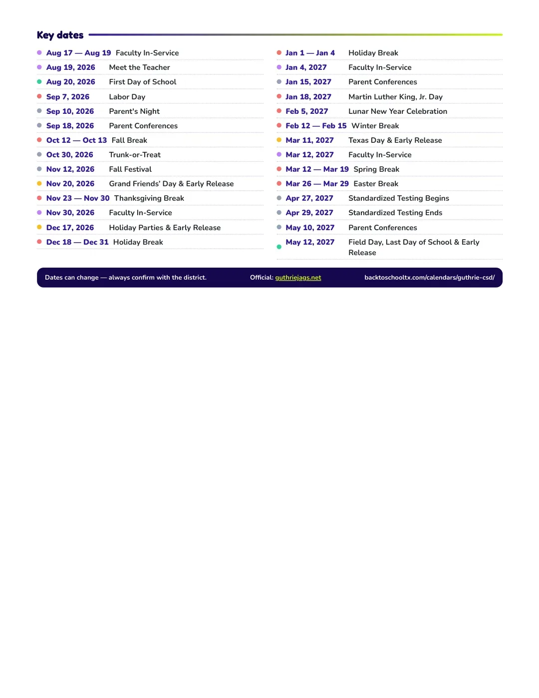Guthrie Csd Calendar for the Year 26-27 — key dates